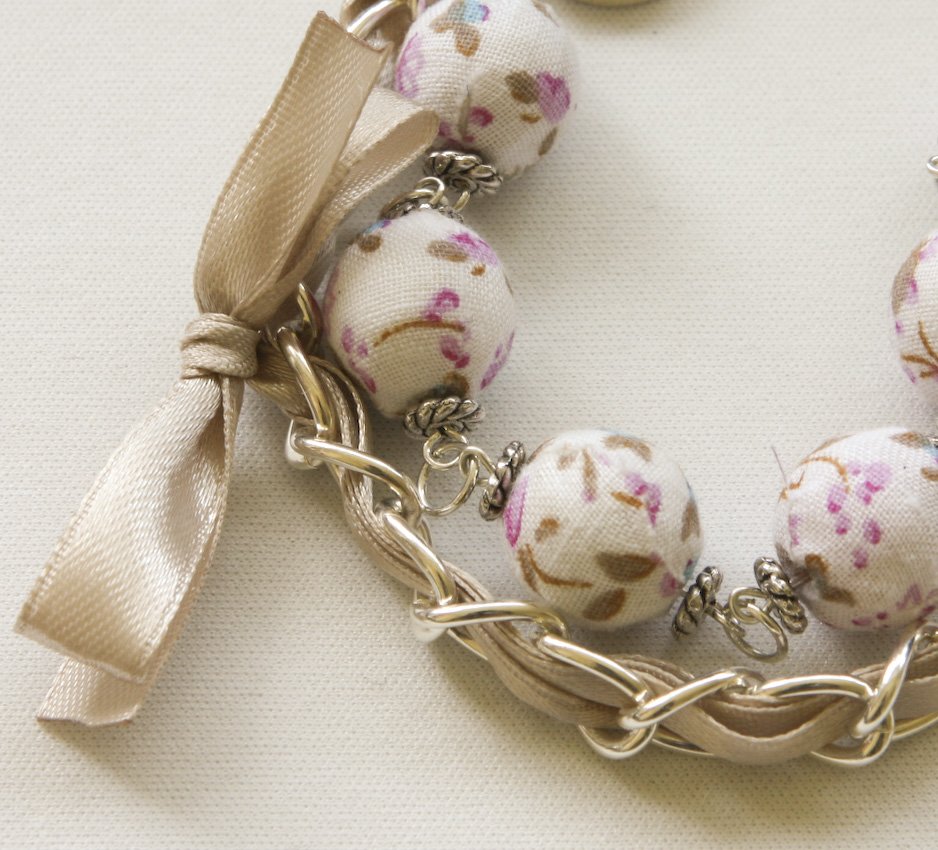 White floral cotton beads and beige satin ribbon bracelet