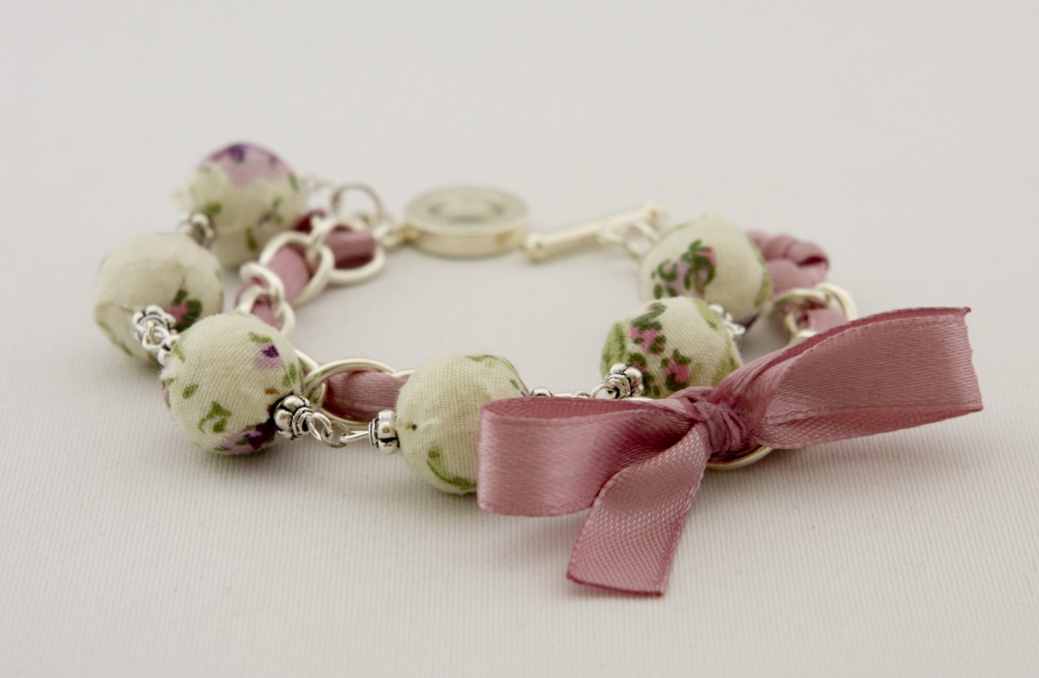 Floral cotton beads and orchid satin ribbon bracelet