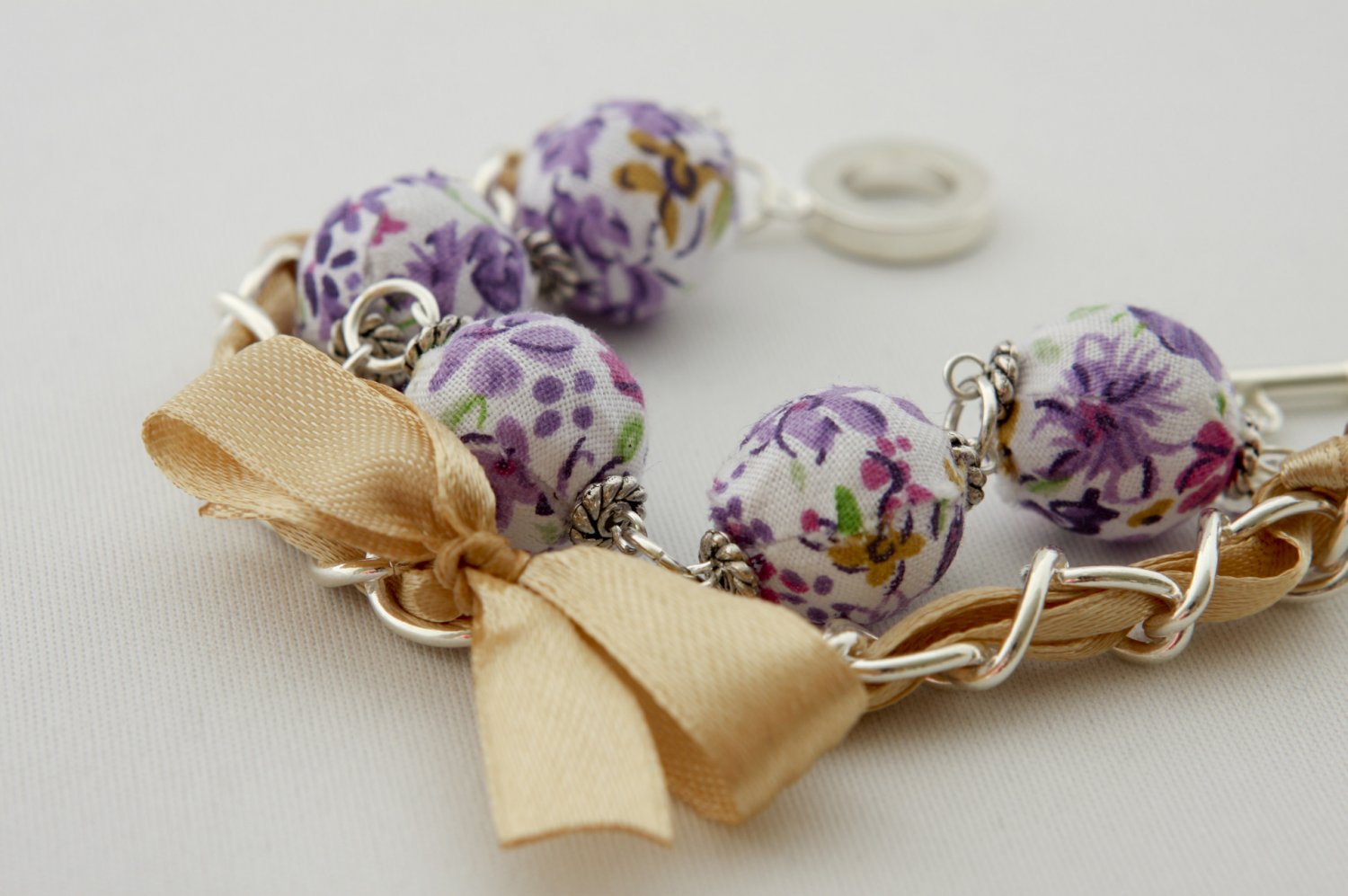 Purple cotton beads and yellow satin ribbon bracelet