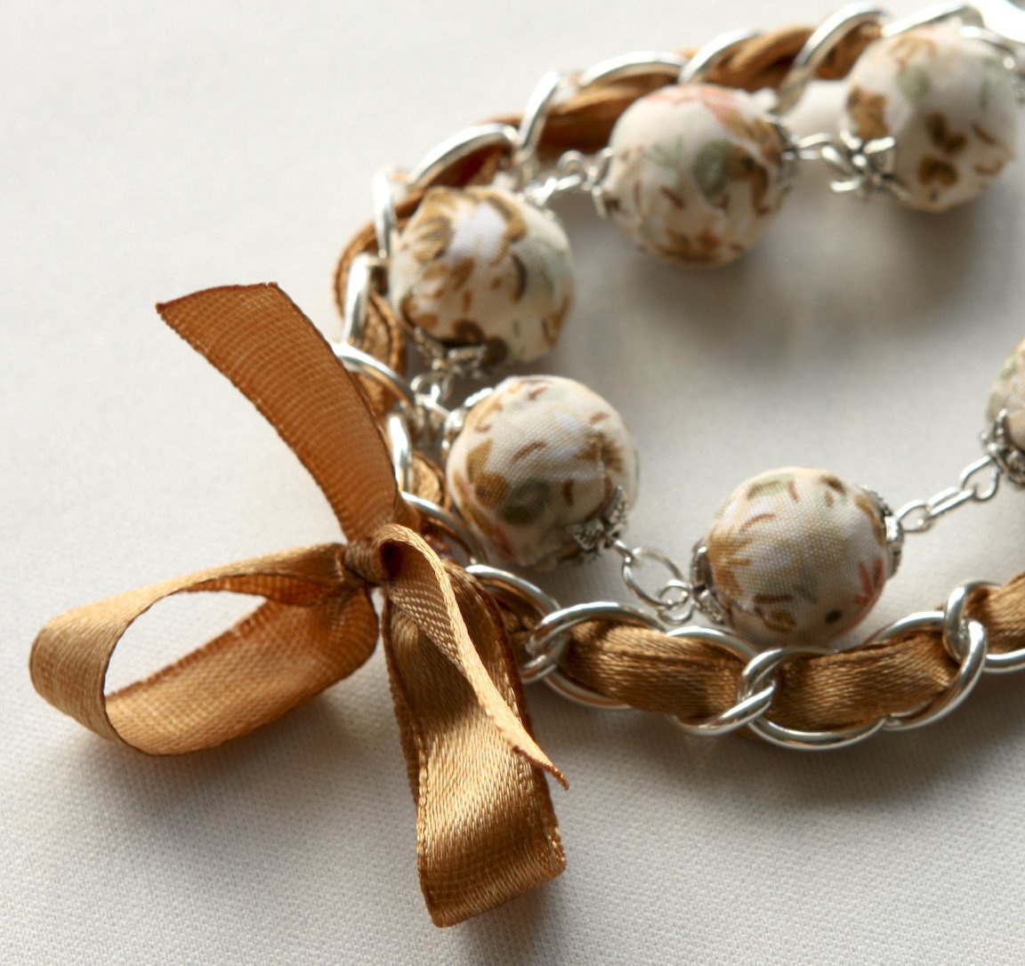 Cotton beads and brown satin ribbon bracelet