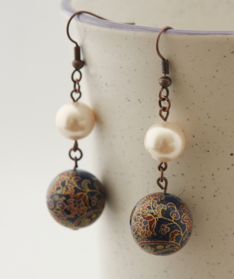 Antique Copper, Dark Blue Japanese beads and Shell Pearls Earrings