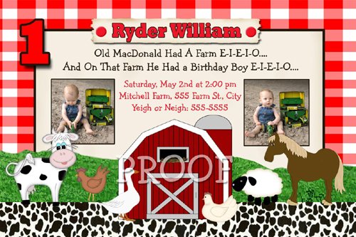 FARM BARNYARD BARN TRACTOR 1ST 2ND 3RD Photo Birthday Party Invitations