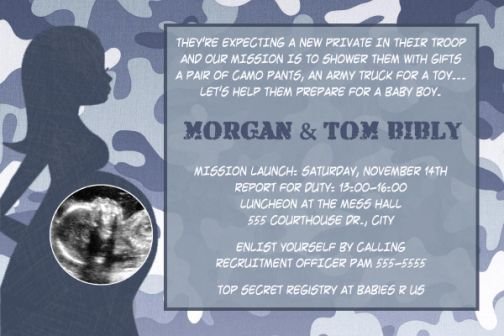 Blue Camo Camouflage Baby Shower Ultrasound Photo Invitation Army Military Marines