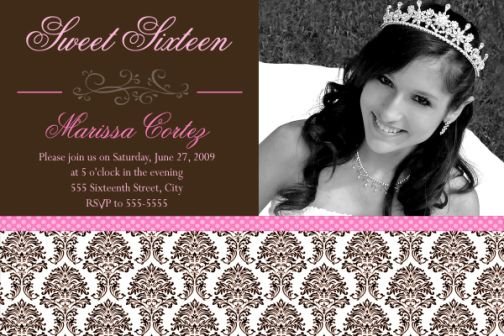 Damask Photo Sweet Sixteen 16 Photo Birthday Party Invitation