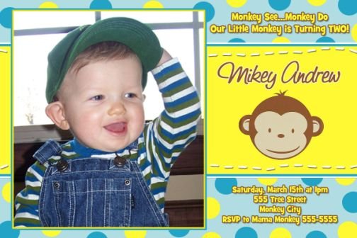 Neon Mod Monkey Boy Girl Photo Birthday Party Invitations