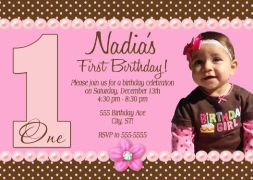 Girl First 1st Birthday Party Photo Invitation Pink Chocolate Brown