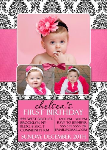 Hot Pink Black White Damask First 1st Birthday Party Photo Invitation