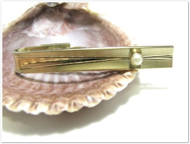 Men's Designer Vintage Tie Bar Gold Pearl Speidel Retro Mod 50s