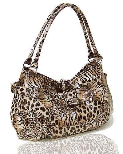 Faux Patent Leopard Print Handbag (Tan)