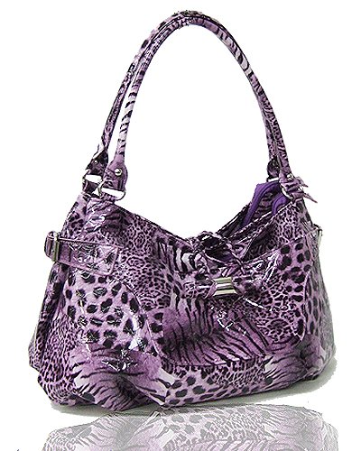 Faux Patent Leopard Print Handbag (Purple)