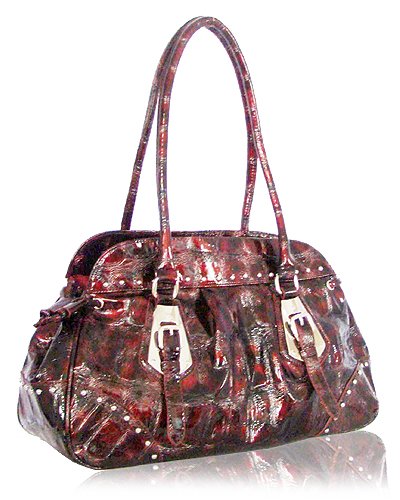 Buckle Detail with Shiny Python Leather Look Handbag (Wine)