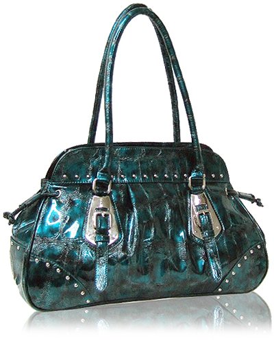 Buckle Detail with Shiny Python Leather Look Handbag (Blue)
