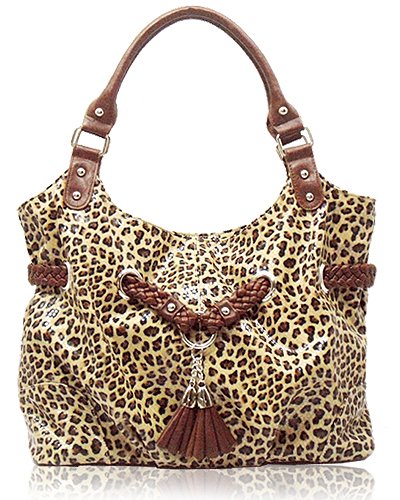 Leopard-print Crackled Leather Look Handbag (Brown)
