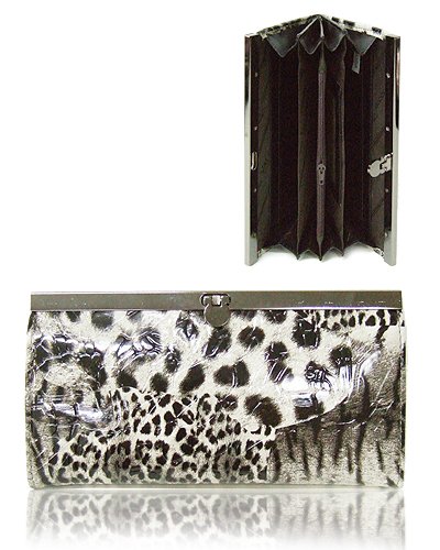 Faux Animal Print Leather Wallet with Clip Lock Closure (Gray)