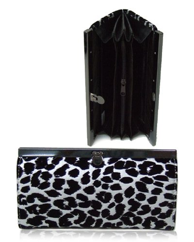 Leopard Textured Material Wallet with Clip Lock Closure (Silver)