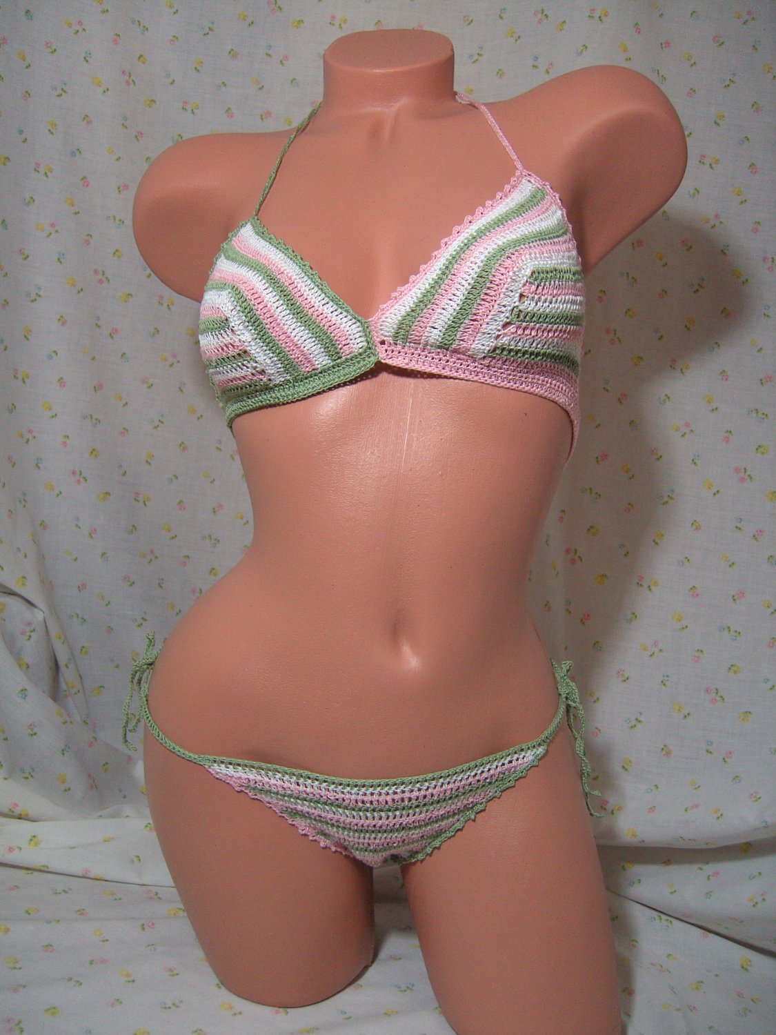 White, Pink, and Green Candycane Stripes Bikini (Small/Medium)