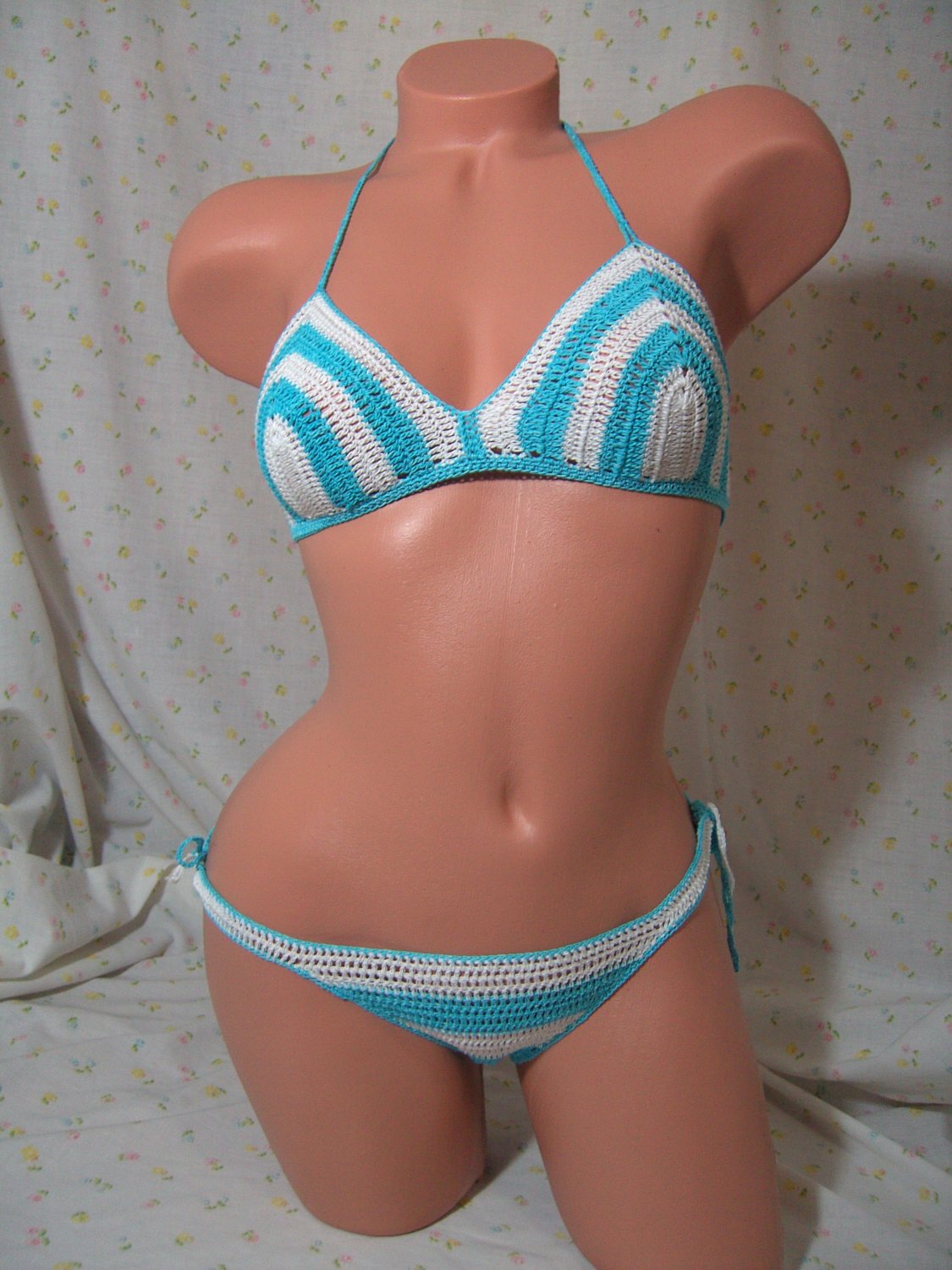 Turquoise Blue and White Bikini with Nautical Stripes (Small/Medium)