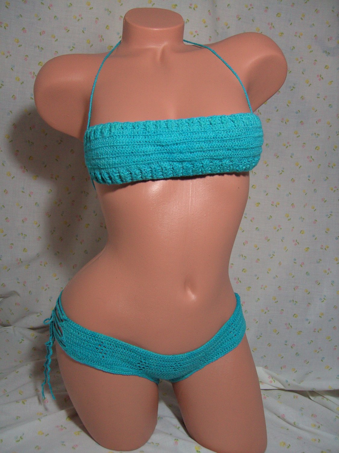 Turquoise Blue Bandeau Bikini with Hipster Bottoms (Small/Medium)