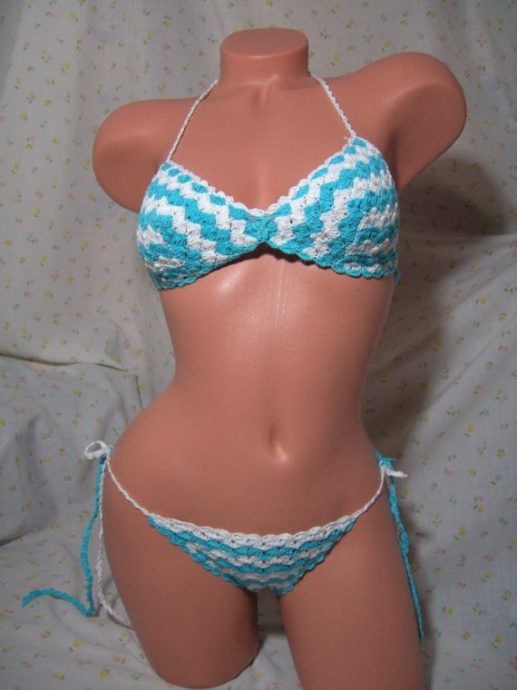 Turquoise Blue and White Bikini with Nautical Waves (Small/Medium)