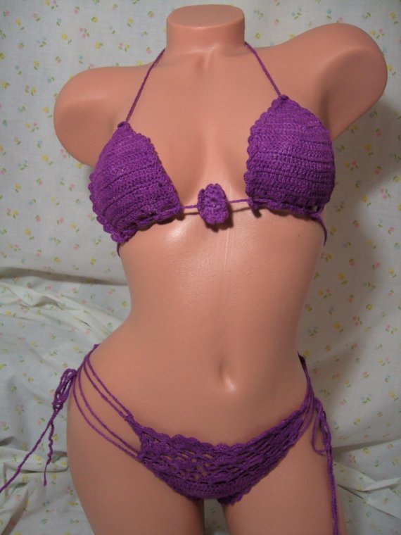 Purple Flower Power Decorative Thong Bikini (Small/Medium)