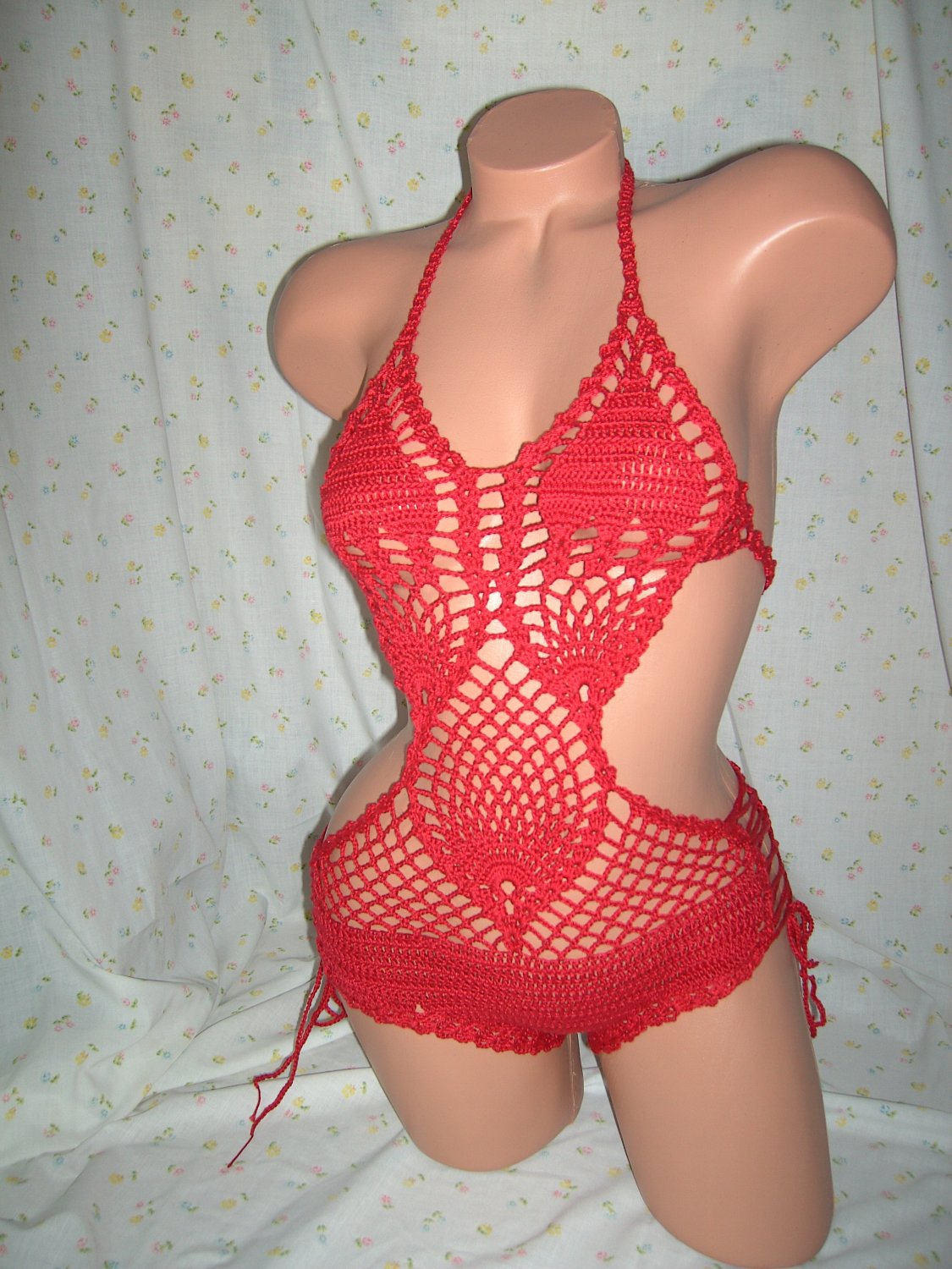 Red Crochet Pineapple One Piece Swimsuit (Small/Medium)