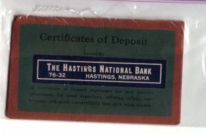 Certificate of Deposit Envelope - The Hastings National Bank - Hastings National Bank