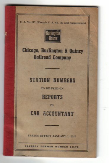 Burlington Route Station Number to be Used on Reports to Car Accountant - 1947
