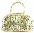 Metallic-Look 2-Pocket Acrylic Stones Studded Handbag w/Handles & Removable Shoulder Strap