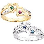Sterling Silver or 14kt Gold over Sterling Couples Heart Birthstone and Name Diamond Ring