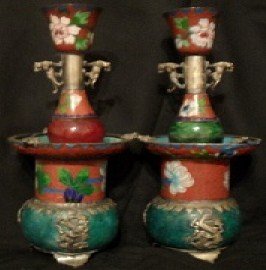 Antique Qing Dynasty Cloissonne-Jade-Silver Candlesticks