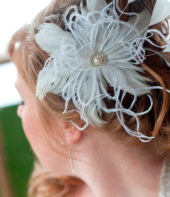 Feather fascinator with pearl and rhinestone centerpiece for birdcage veil (ivory or white)