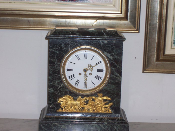 Green Marble Clock w/Gilt Bronze Neo-classical Mount
