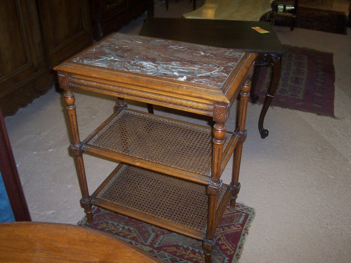 Louis XVI Style Tea Table w/Cane Shelves And Marble Top