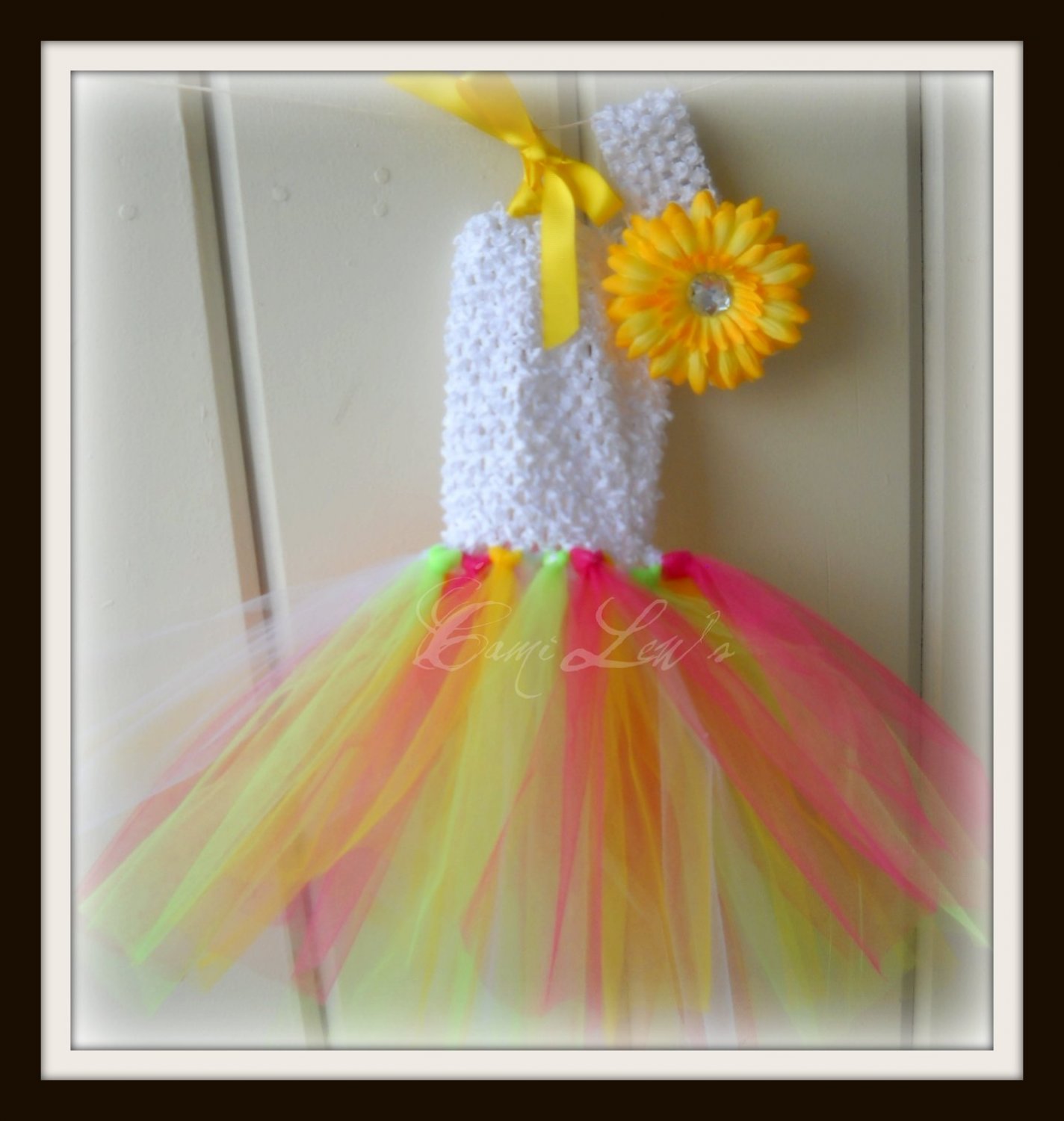 multi color tutu haulter dress with matching flower clip and band