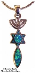 Menorah, star and fish silver and opals necklace -2 sided