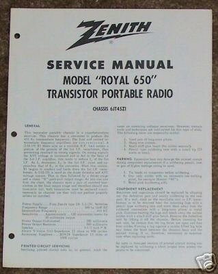 Zenith Service Manual Model Royal 650 Radio Vintage
