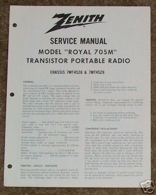Zenith Service Manual Model Royal 705M Radio Vintage