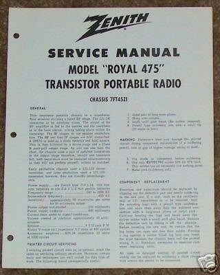 Zenith Service Manual Model Royal 475 Radio Vintage