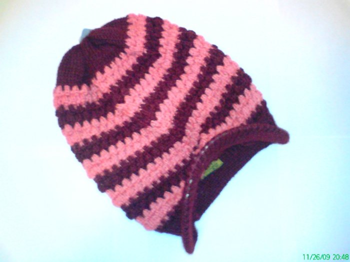 Brown / Red Ski Snowboard Knit Striped Visor Beanie Cap
