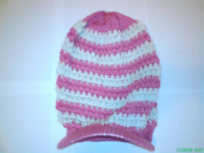 Pink / White Ski Snowboard Knit Striped Visor Beanie Cap