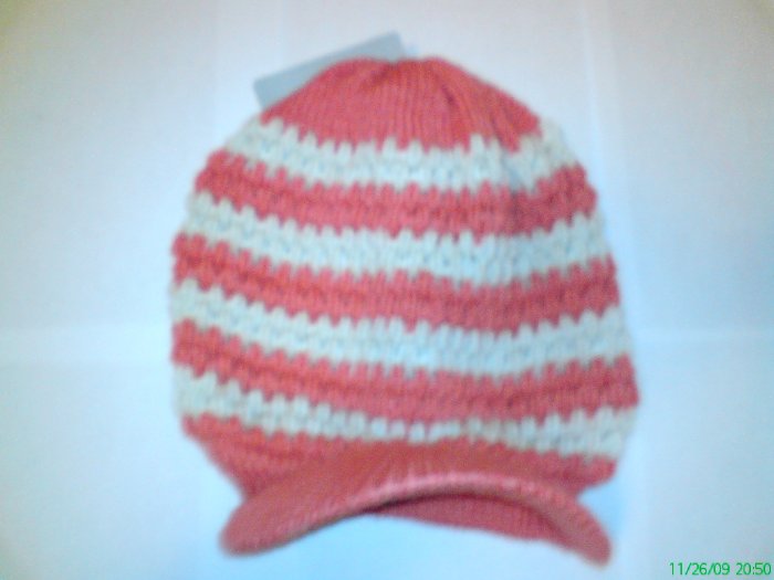 White / Red Ski Snowboard Knit Striped Visor Beanie Cap