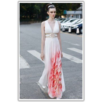 A-line V Neck Floor-length Sleeveless Silk Dress