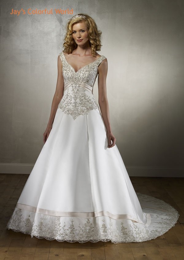 A-line Deep V Neckline Embroidery Beading Train Wedding Dress Bridal Gown