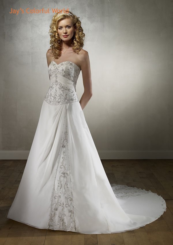 A-line Sweetheart Neckline Embroidery Beading Train Chiffon Wedding Dress Bridal Gown