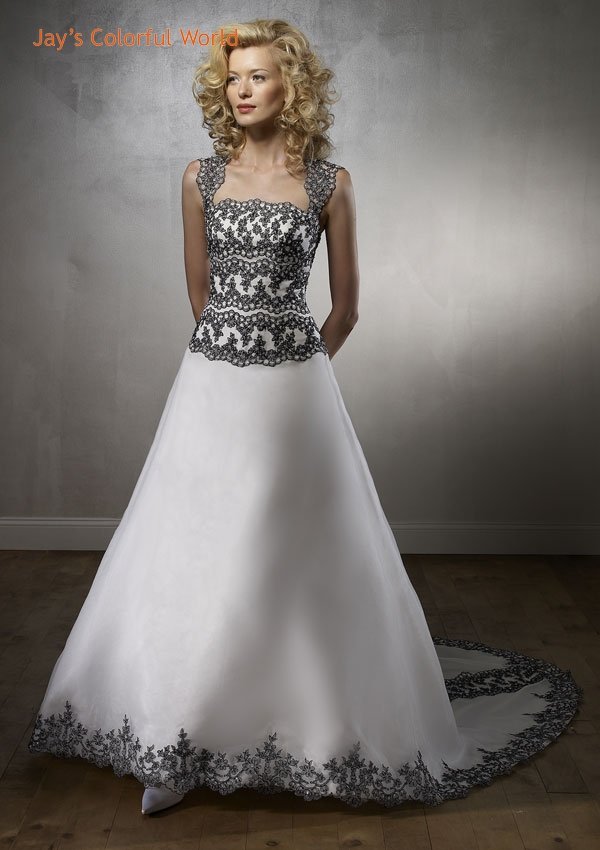 White and Black Applique A-line Organza Appliqued Wedding Dress Bridal Gown