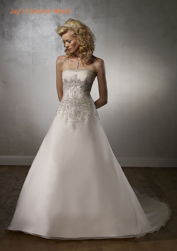 A-line Strapless Embroidery Beading Organza Wedding Dress Bridal Gown