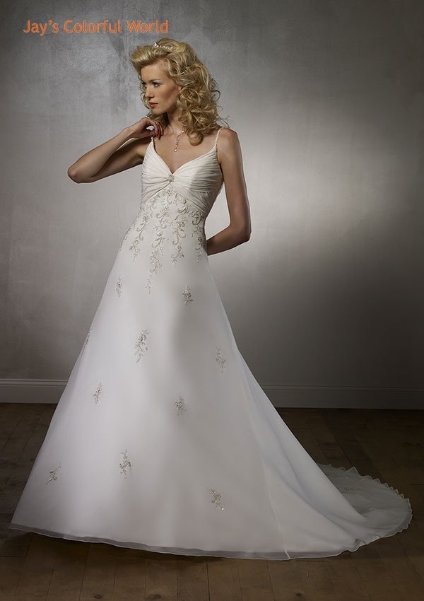 Deep V Neckline Spaghetti Strap Lace up Embroidery Beading Chiffon Wedding Dress Bridal Gown