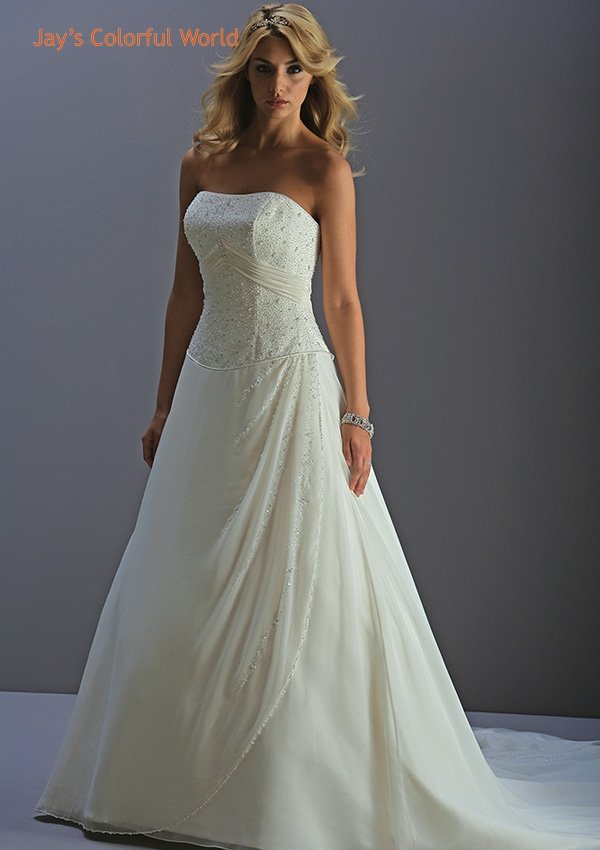 A-line Strapless Lace up Beading Chiffon Wedding Dress Bridal Gown