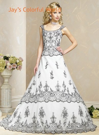 White and Black Detachable Strap Appliques Wedding Dress Bridal Gown