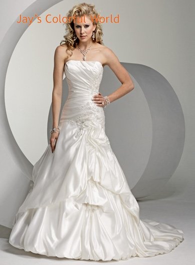 Straight Neckline Strapless Appliques Beading Stretch Satin Wedding Dress Bridal Gown